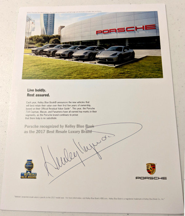 Porsche Recognized by Kelley Blue Book Signed by Haywood