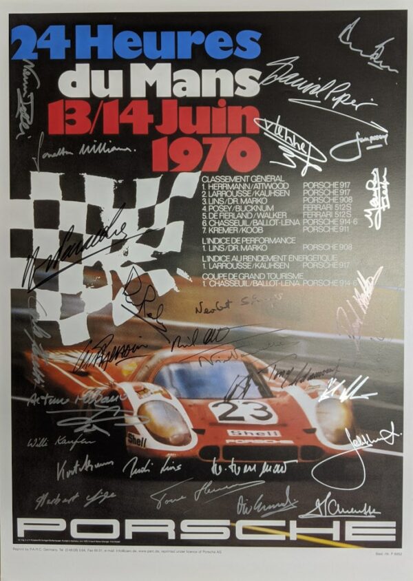 24 Heures Le Mans Poster 1970 with 28 Signatures