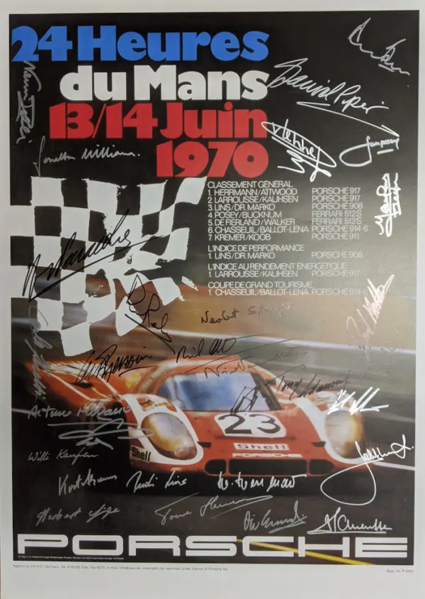 24 Heures Le Mans Poster 1970 with 28 Signatures